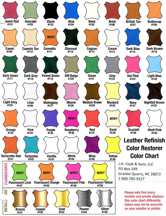 Leather Finish Color Restorer Color Chart
